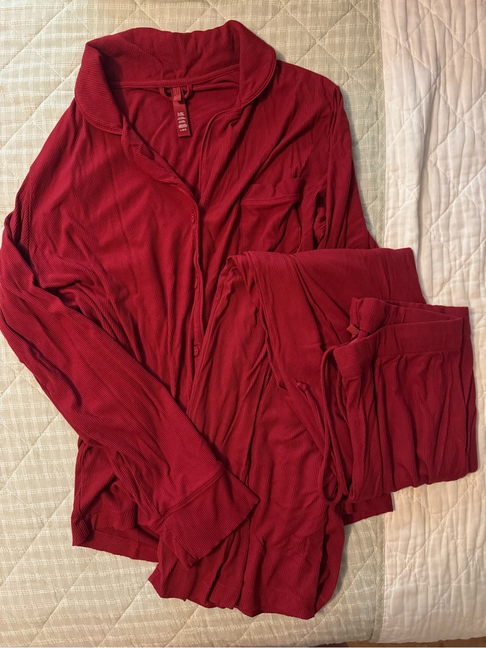 SKIMS Red Ribbed Button-Front Pajama Set